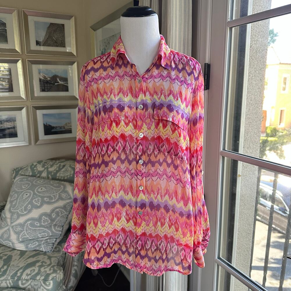 Go SIlk Multi Color Batik Ikat Pattern Long Sleeve Button Down 100% Silk Size S